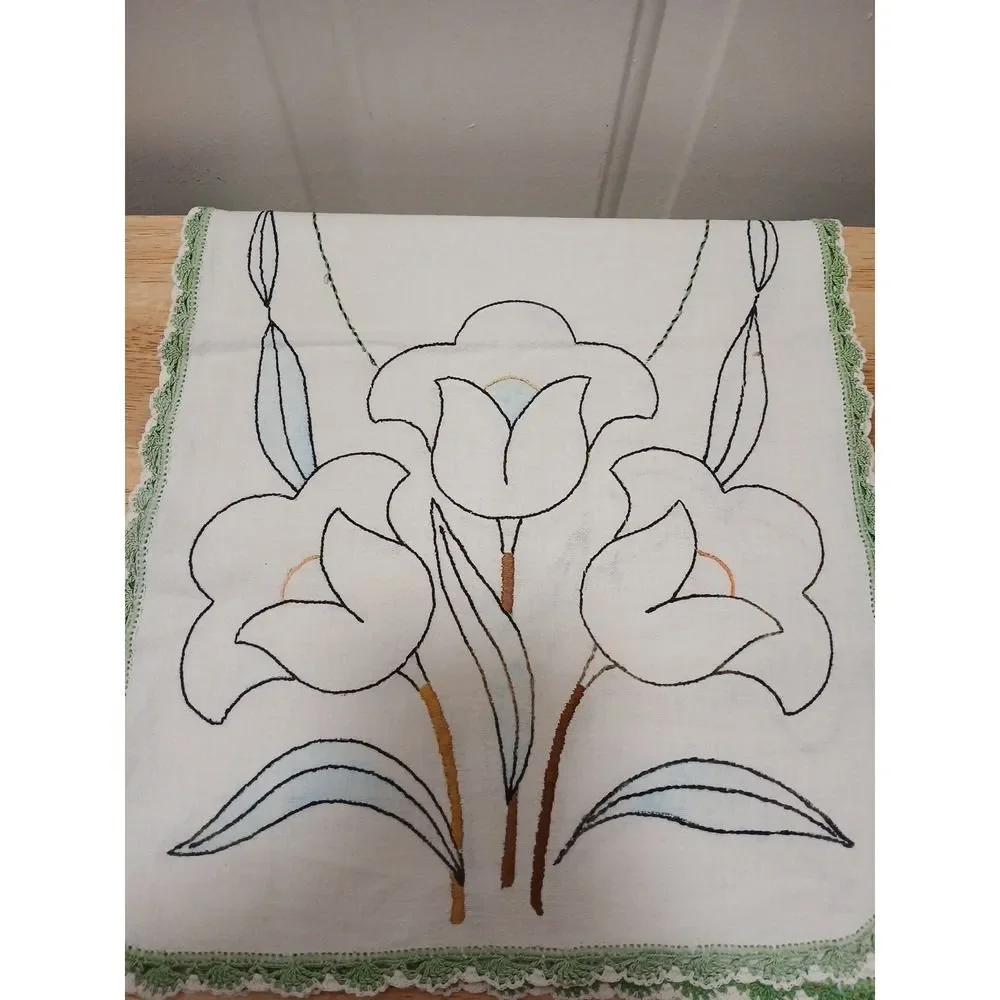 Vintage Hand Embroidered Tulips Table Runner Dresser Scarf Floral Table Decor